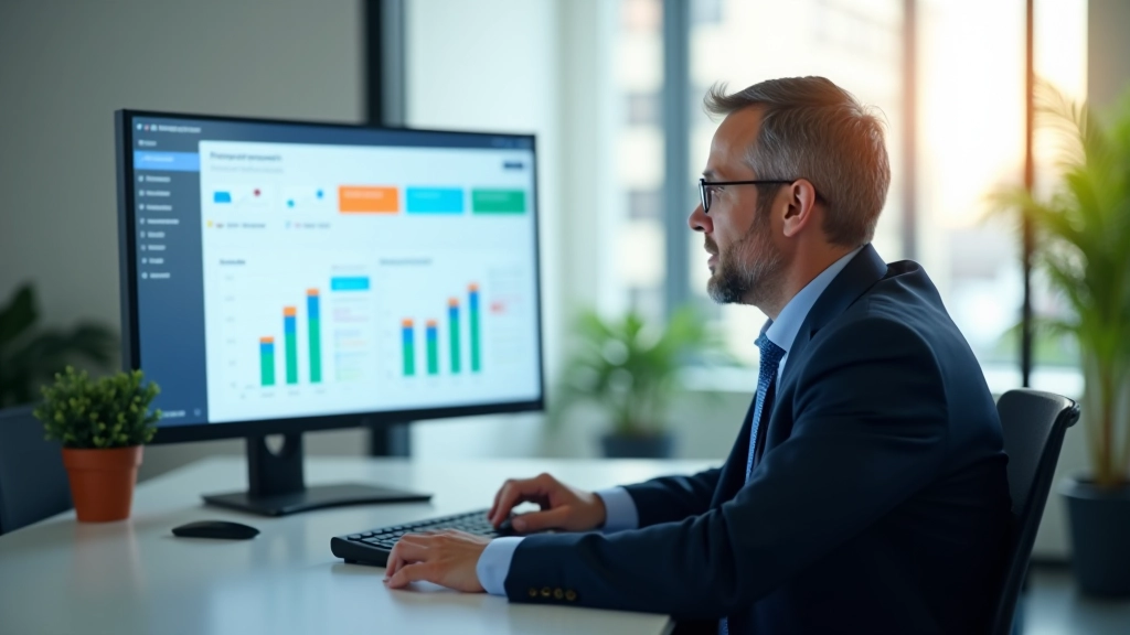 Finance manager reviewing automated monthly reports on computer screen in modern office environment