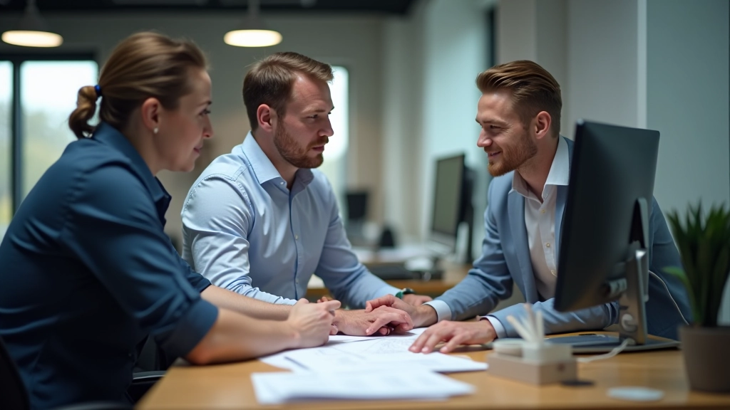 Finance team reviewing invoice documents at modern office desk with multiple monitors