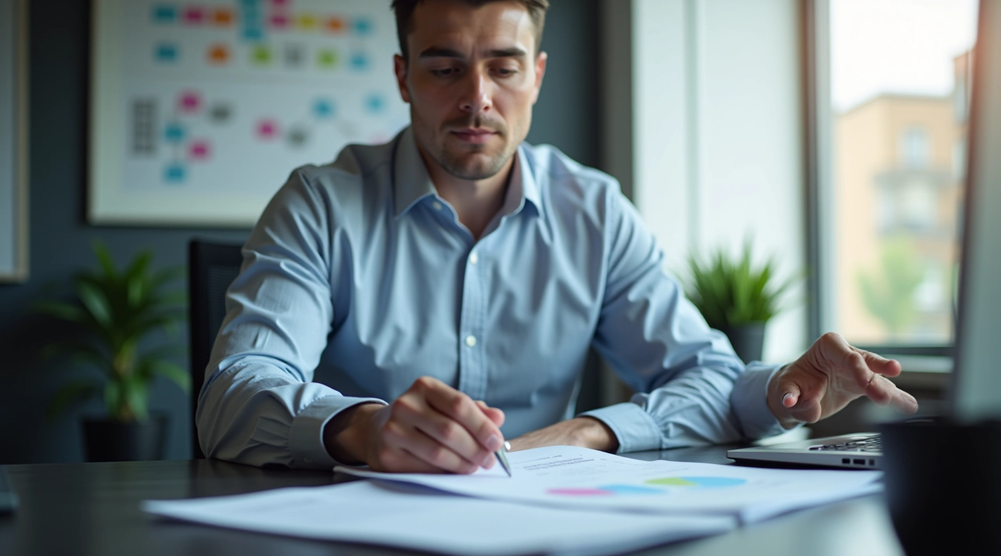 Finance professional working on automated invoice processing at desk with laptop and organized files