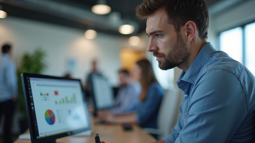 Finance team member reviewing automated report results on computer with colleagues in background