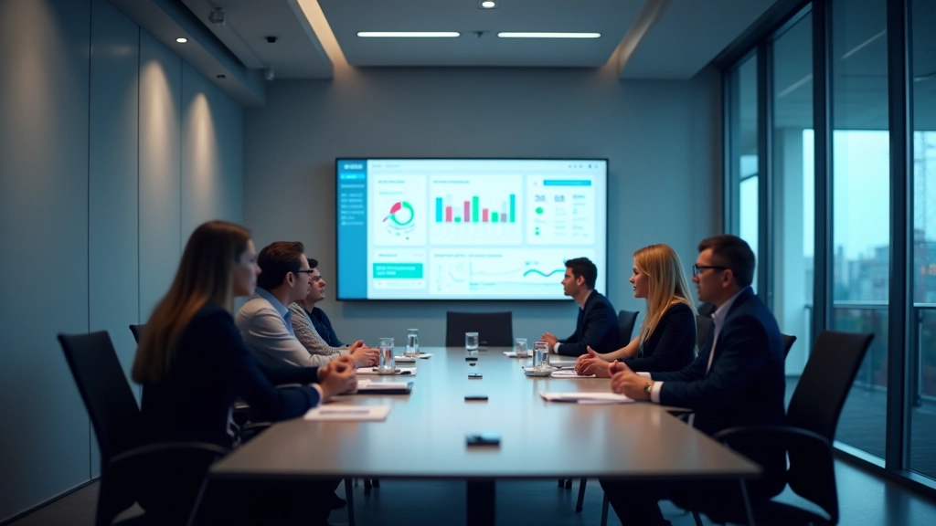 Team meeting room with dashboard displayed on large screen showing real-time expense tracking metrics