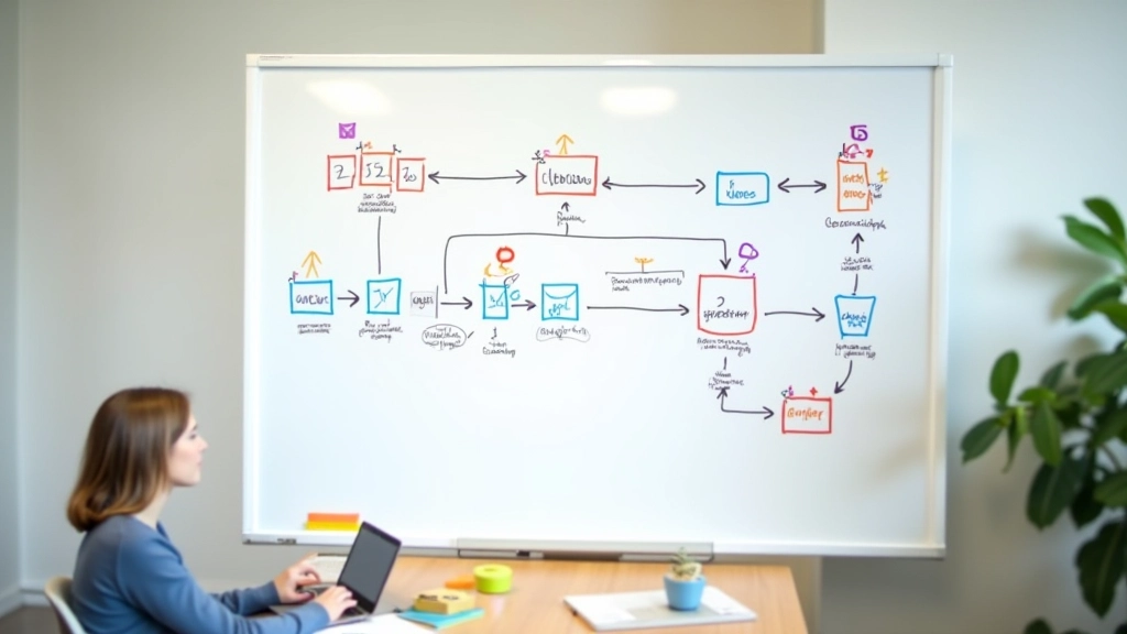 Whiteboard with flowchart showing expense approval steps and decision points